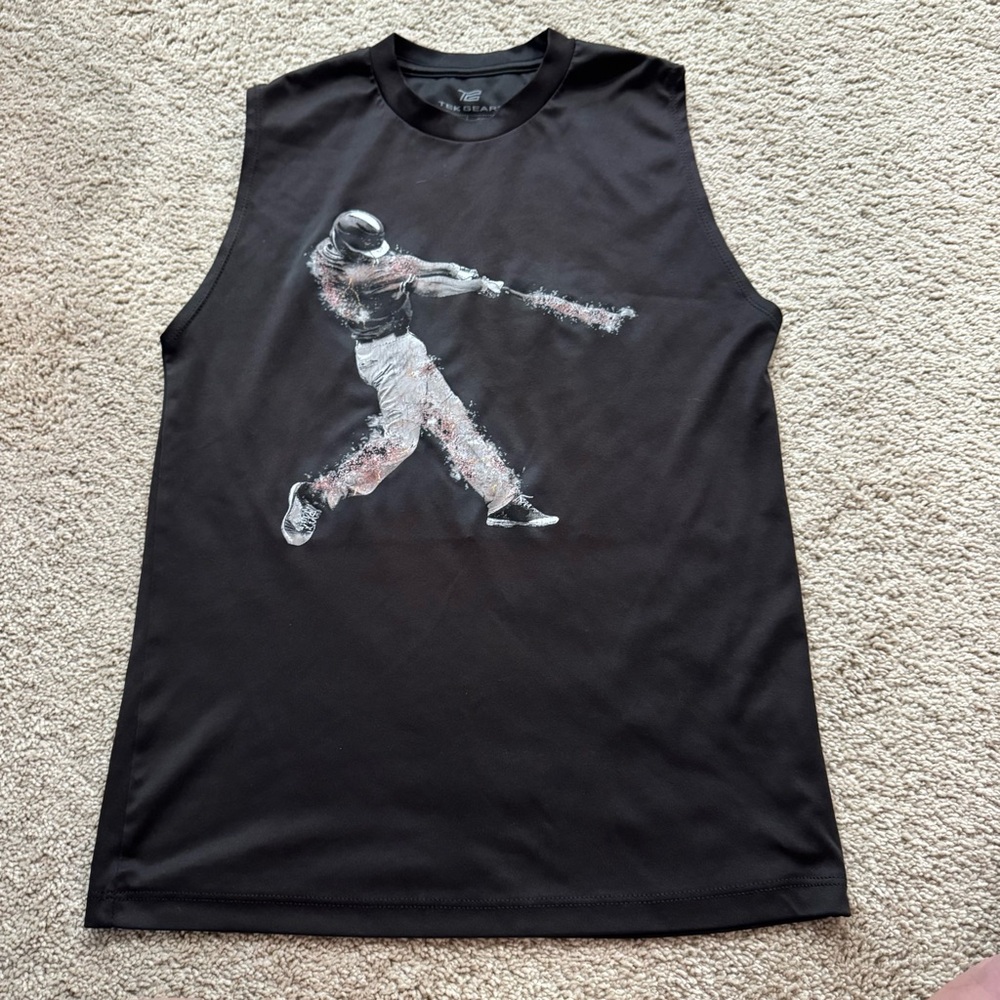 Tek Gear Black Sleeveless Baseball Player Graphic Shirt Boys Size Medium